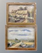 Two early 20th century oil paintings depicting figures in farmland.