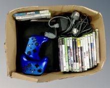 A box of Xbox 360 and Xbox games including Xbox 360 console and controllers