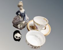 A Lladro figure, Girl with parasol, together with a Shelley commemorative china trio,