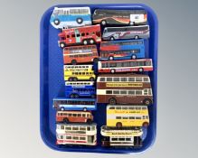 A collection of fifteen unboxed die cast models, all busses and trams, by Corgi, Days Gone, etc.