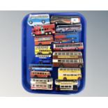 A collection of fifteen unboxed die cast models, all busses and trams, by Corgi, Days Gone, etc.