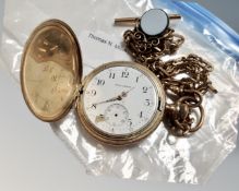 A gold plated hunter pocket watch with chain,