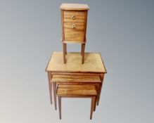 A nest of three Danish mid-century tables together with a narrow mahogany three drawer chest on