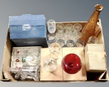 A collection of glass, boxed cut glass tumblers,
