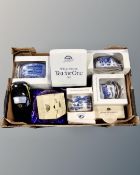 A box of Ringtons blue and white collectables, Willow pattern ginger jar, Ringtons money box,