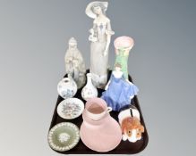 A tray containing Maling cup and saucer, Leonardo collection figure, Spanish ornament etc.