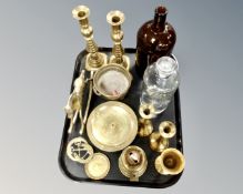 A tray of brass candlesticks, a brass rocking horse ornament, glass jar etc.