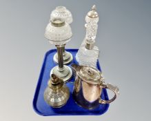 A tray of silver plated and cut glass decanters, hot water jug, a pair of lamp bases.