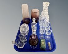 A tray containing cut glass decanter with stopper, set of six etched sherry glasses, sifters,