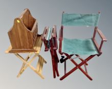 An Asian hardwood magazine rack together with a folding occasional table and two director's chairs.