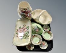 A tray of Maling green and yellow lustre china including basket, vase, pin dishes etc.
