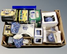 A box of Ringtons blue and white commemorative china, chintz cups,