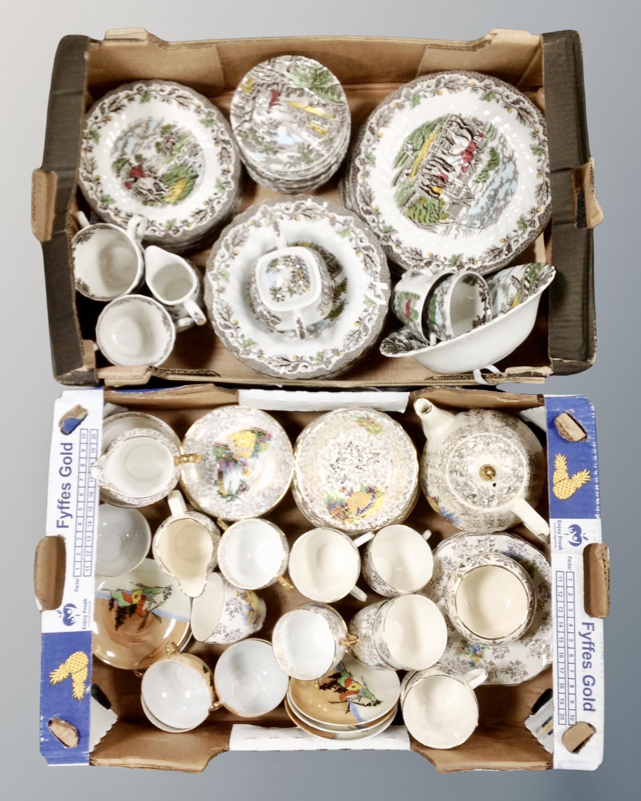 Two boxes containing assorted 20th tea china including 'The Hunter' by Myott,