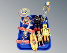 A tray containing tin plate toys including robot Lilliputt, Rocket Racer etc.