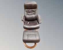 A brown leather reclining lounger chair with stool (arm damaged)