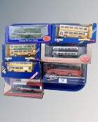 A collection of seven die cast models in original boxes, all busses, by Corgi,