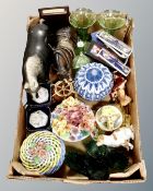 A box containing china shire horses, collector's spoons, coloured glass ware, ornaments etc.