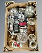 A box of silver plated items, set of scales, old camera,