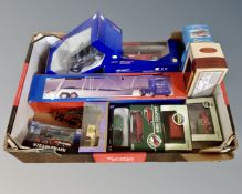 A collection of die cast vehicles, steam train model, mini classics,