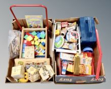 Two boxes containing vintage toys including truck with blocks, Fisher Price jigsaw puzzles,