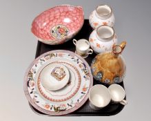 A tray containing a Maling bowl, a pair of Caverswall vases, a Royal Doulton stoneware jug etc.