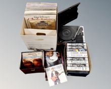 A Fidelity portable record player and a box containing vinyl LPs and 7" singles including Walt