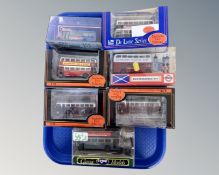 A collection of seven die cast models in original boxes, all busses, by Corgi,