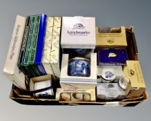 A tray of Ringtons blue and white millenium plate, castles caddy,