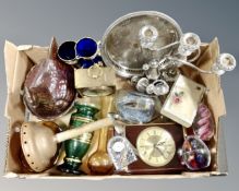 A box of ornaments, bric-a-brac, a silver plated tray, paper weights etc.