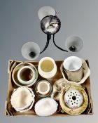 A contemporary three light fitting together with a box containing 20th century stoneware pots and