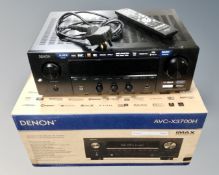 A Denon AVC-X3700H 9.2 channel amplifier with remote control, lead, and box.