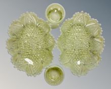 A pair of Davidsons Primrose vaseline glass Lords and ladies bowls (width 20.
