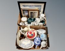 Two boxes of ceramics including part tea sets, Denby china, pictures and prints,