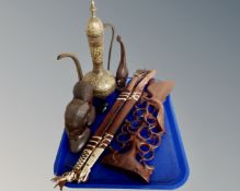 A tray containing Eastern enameled brass coffee pot, pair of carved African busts,