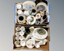 Two boxes containing commemorative porcelain mugs, tea china,