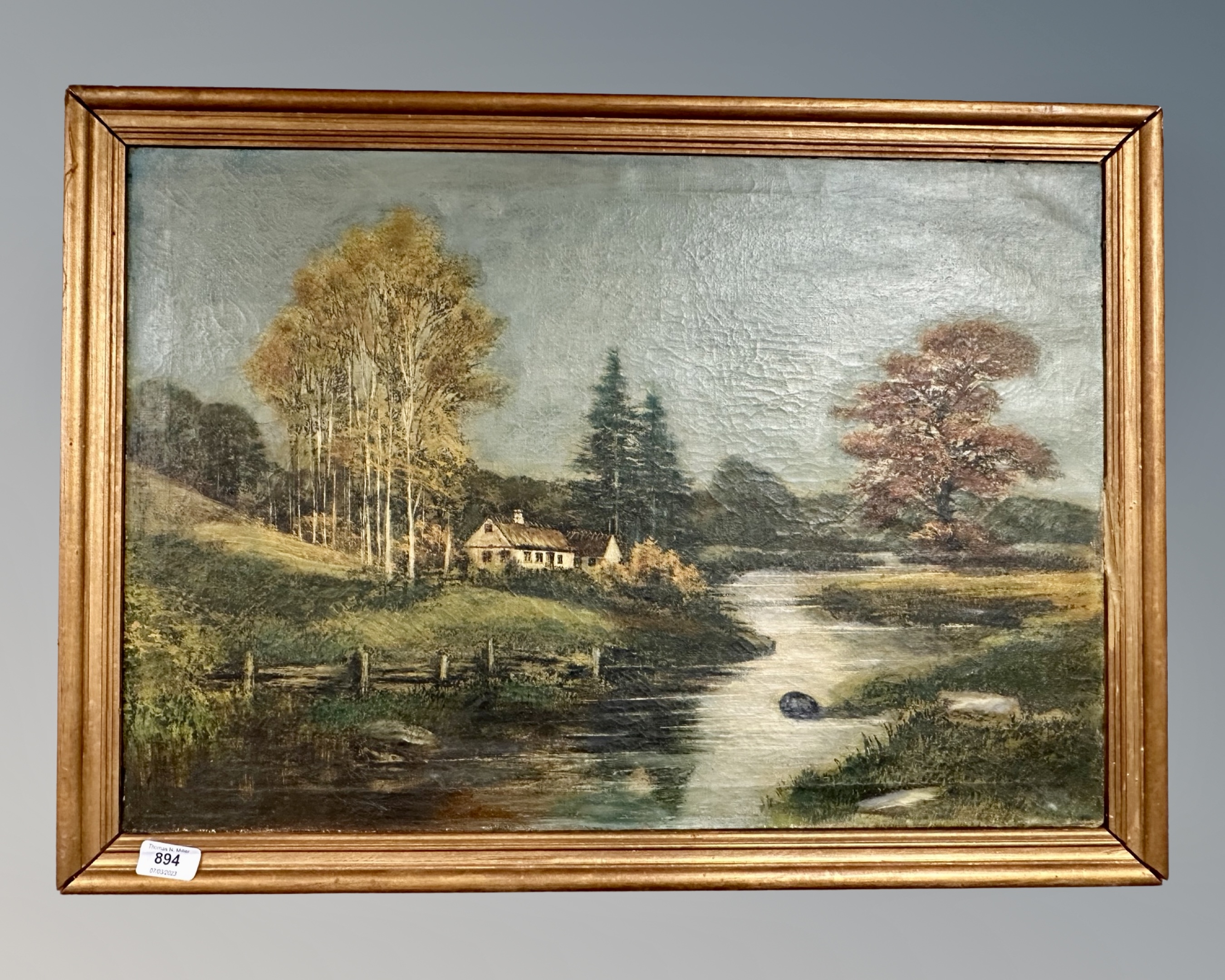 Continental school : a thatched cottage by a river, oil on canvas,