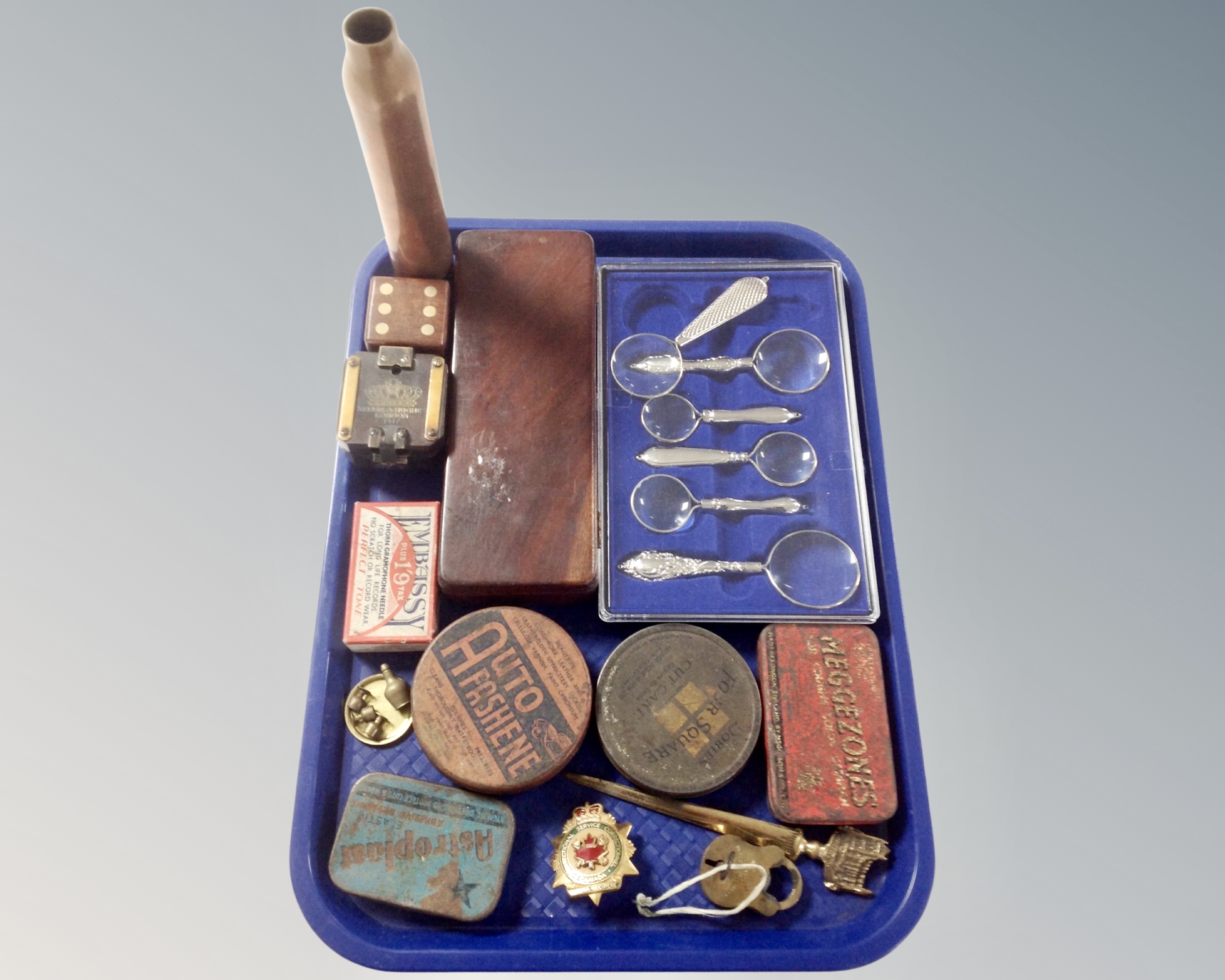 A tray of copper ammunition shell, Kelvin Hughes of London compass,