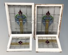 Four 19th century leaded glass windows in frames