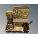 A box of brass embossed dome topped slipper box, magazine rack, stick stand, letter rack,