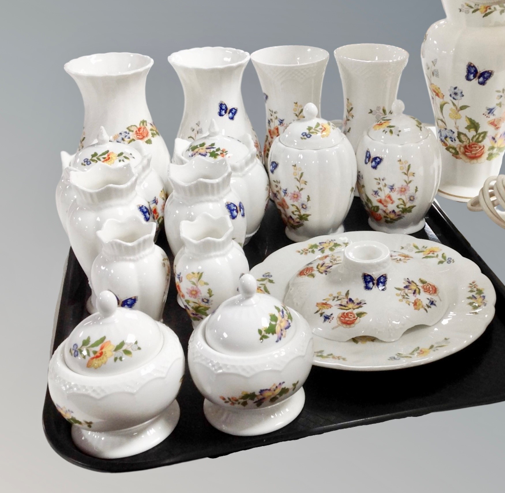 A quantity of Aynsley Cottage Garden china vases,