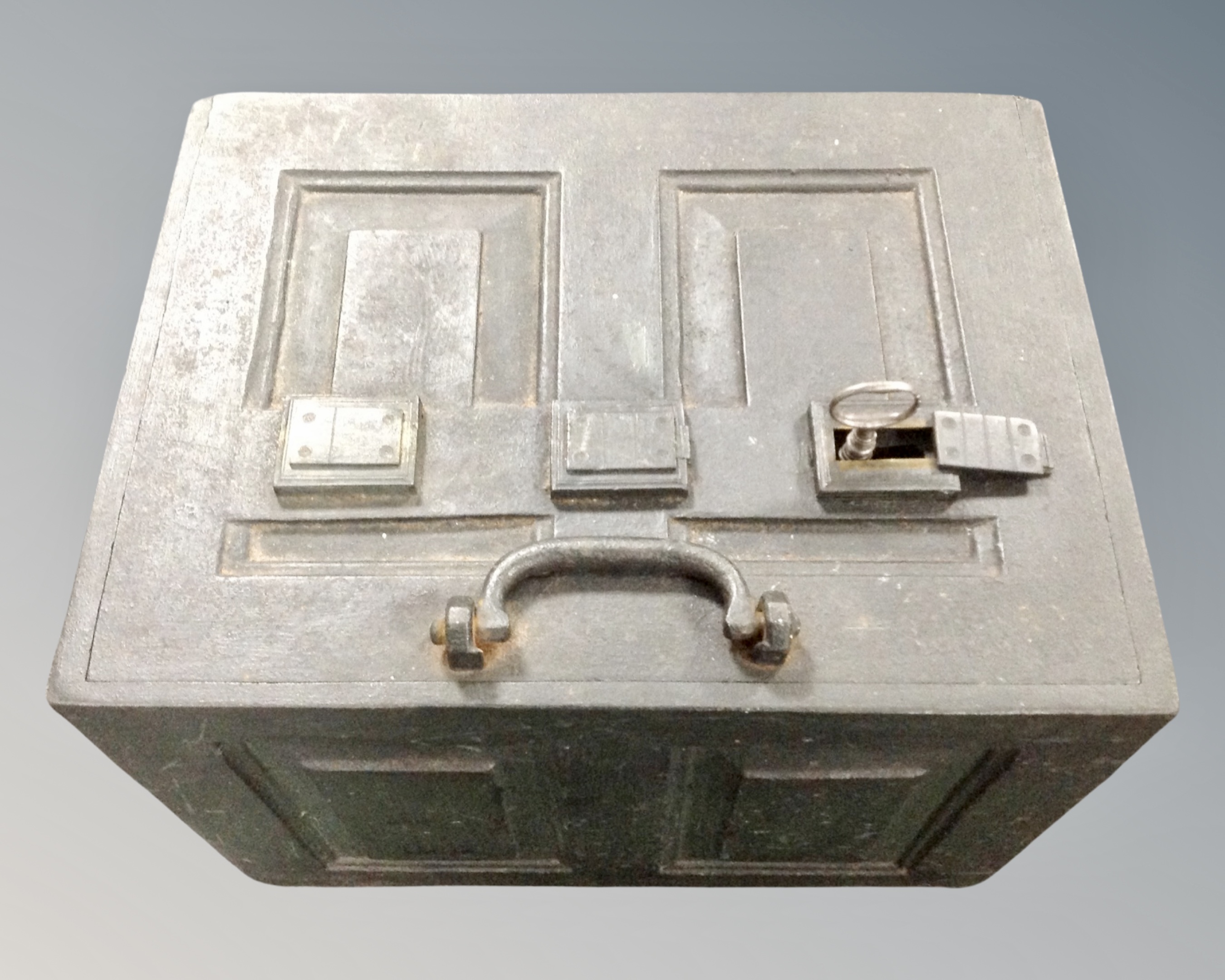 A 19th century steel strong box with key