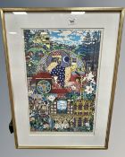 A continental colour print, depicting figures and buildings, indistinctly signed,