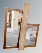 Two Scandinavian mirrors and a carved wooden panel