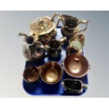 A tray of antique copper lustre ware, tea pots,