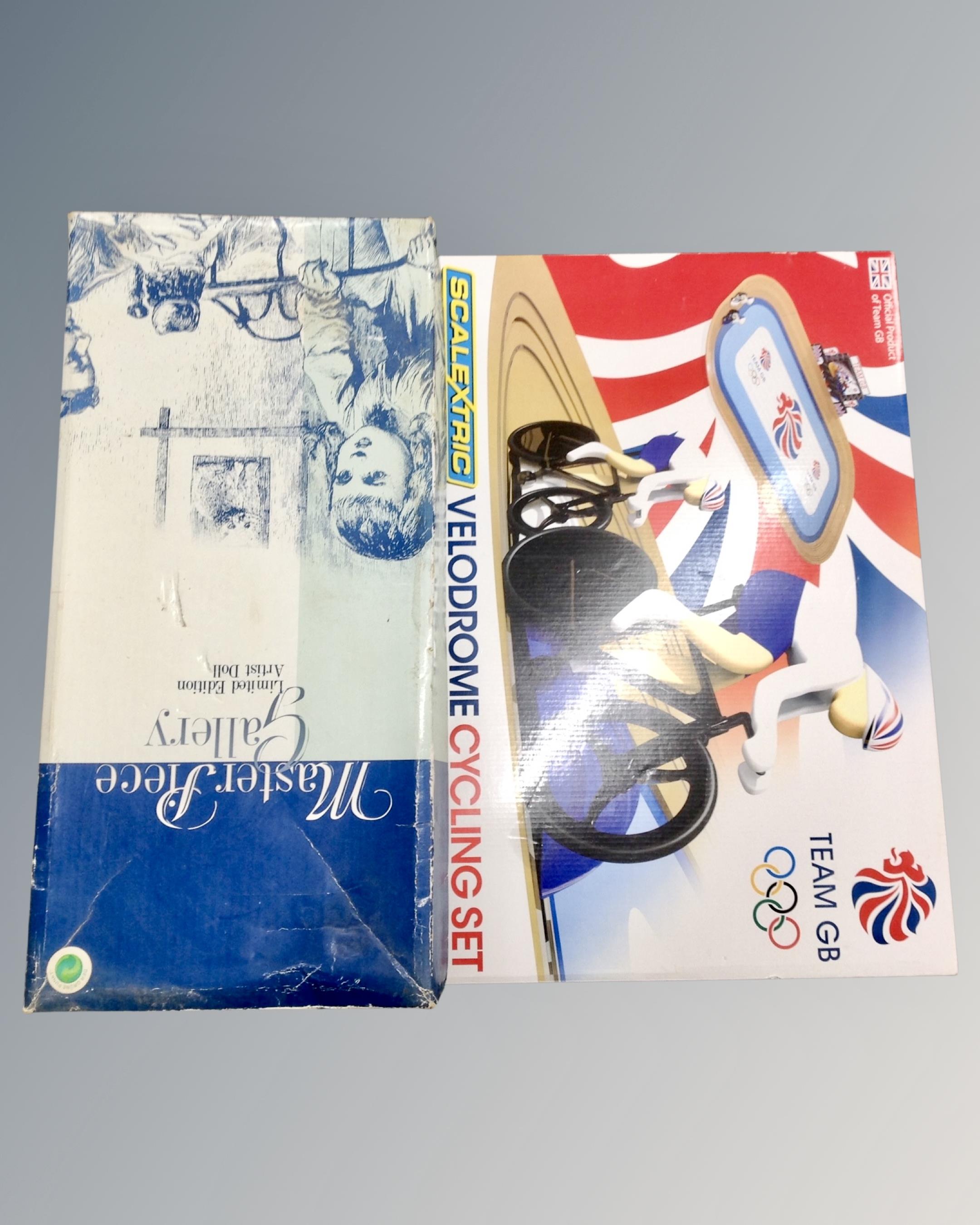 A Scalextric team GB Velodrome cycling set together with a Master Rece limited edition doll