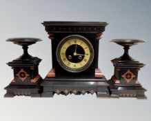 A fine 19th century black slate and marble three piece clock garniture retailed by Whytock & Sons,