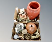 Two boxes of animal ornaments, resin figures, badger,