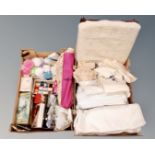 Two boxes of sewing and knitting accessories, wool,
