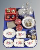 A tray of Royal Crown Derby pin dishes, two cricket balls, commemorative coins,