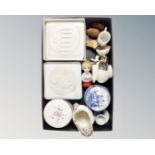 A tray of ceramics to include Wade whimsies, continental dish and cover,